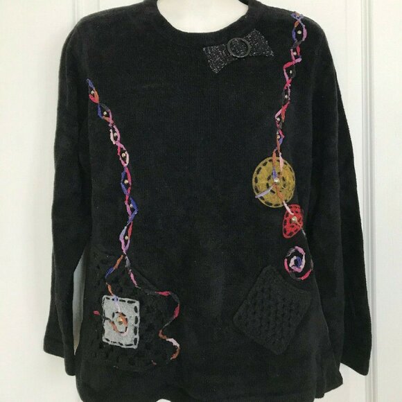 Moffi Black Chenille Sweater Embellished with Applique & Crochet Detail Vintage - Picture 5 of 6